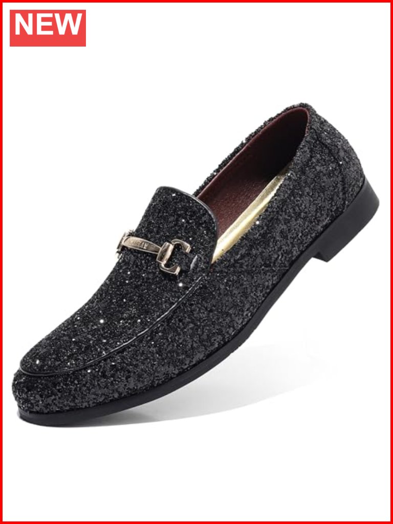 Men's Glitter Dress Shoes Metallic Sequins Tuxedo Gold Buckle Loafers Slip-On
